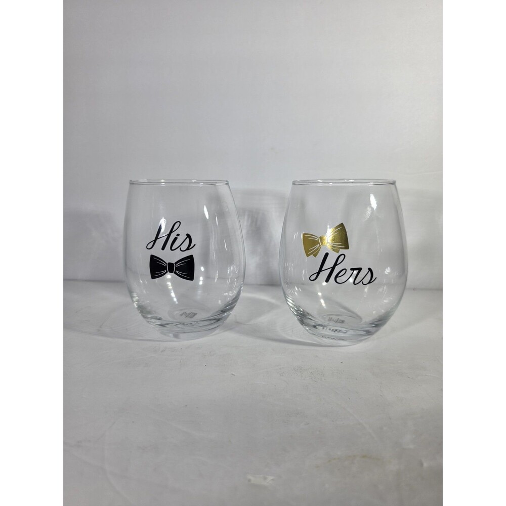 His and Hers Stemless Wine Glass Set 22 oz Bow Tie Couples Gift.